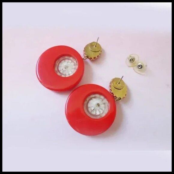 Red Hoop Earrings With Daisy Dangles OOAK Recycled Vintage Retro Vibe - Picture 5 of 9